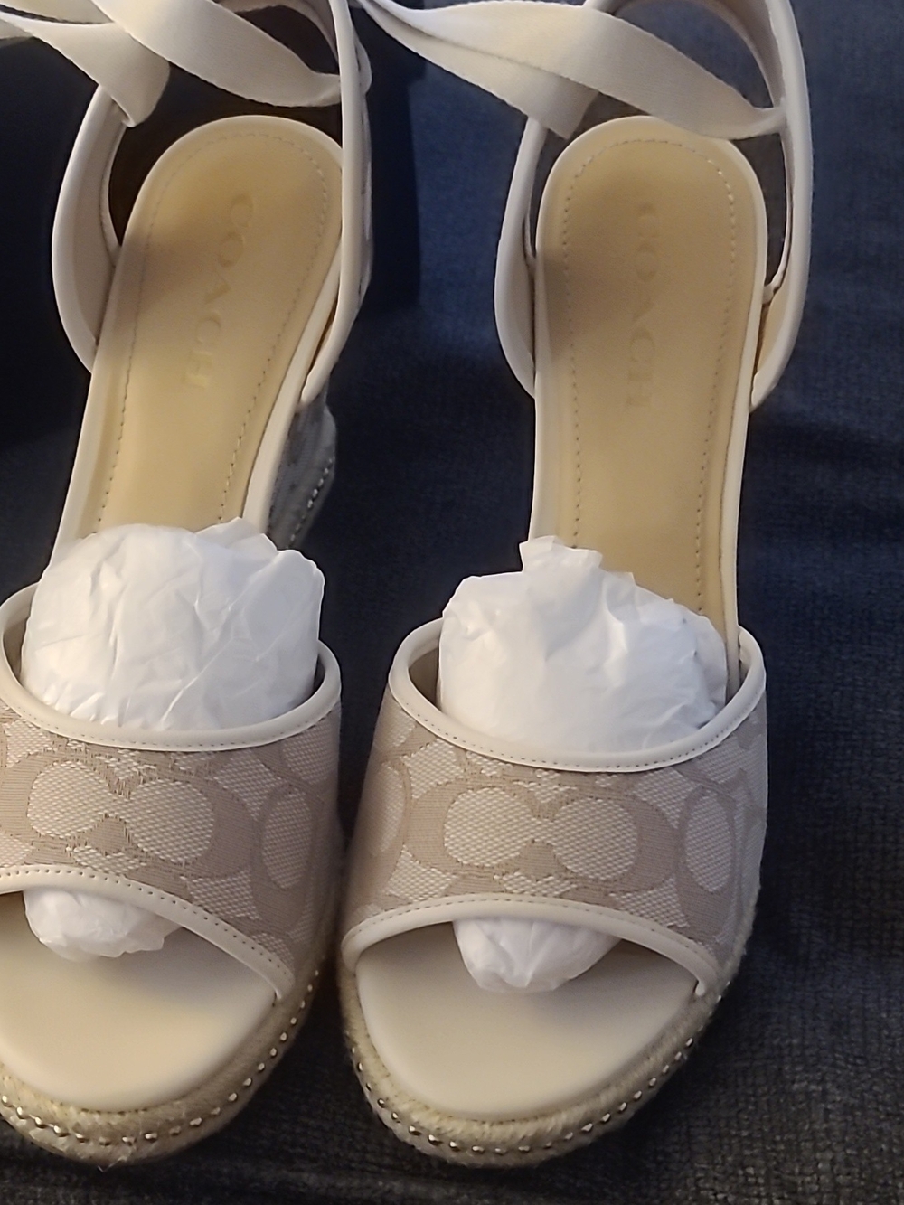 COACH Beige Signature Canvas Espadrille Wedge Sandals